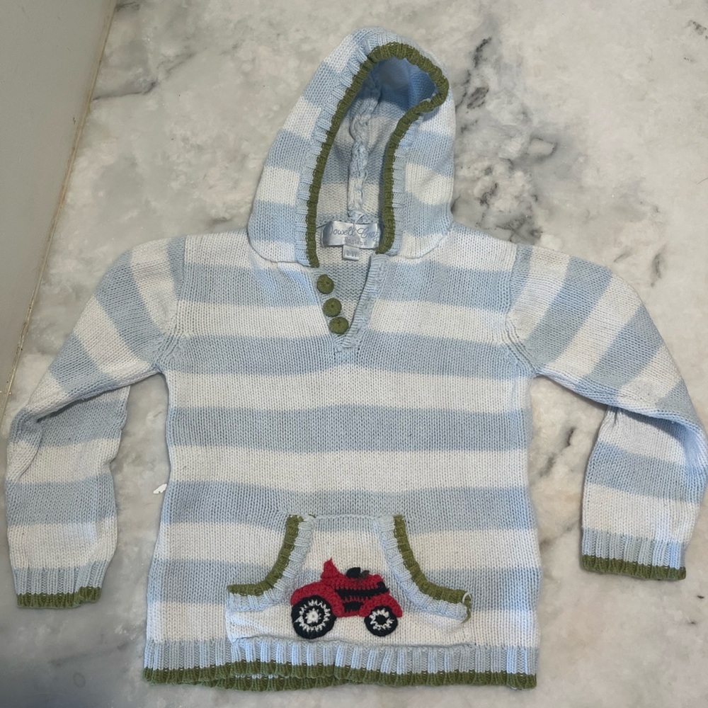Powell Craft England Hooded Baby Toddler Sweater 2-3Y Baby Blue White Stripe Car